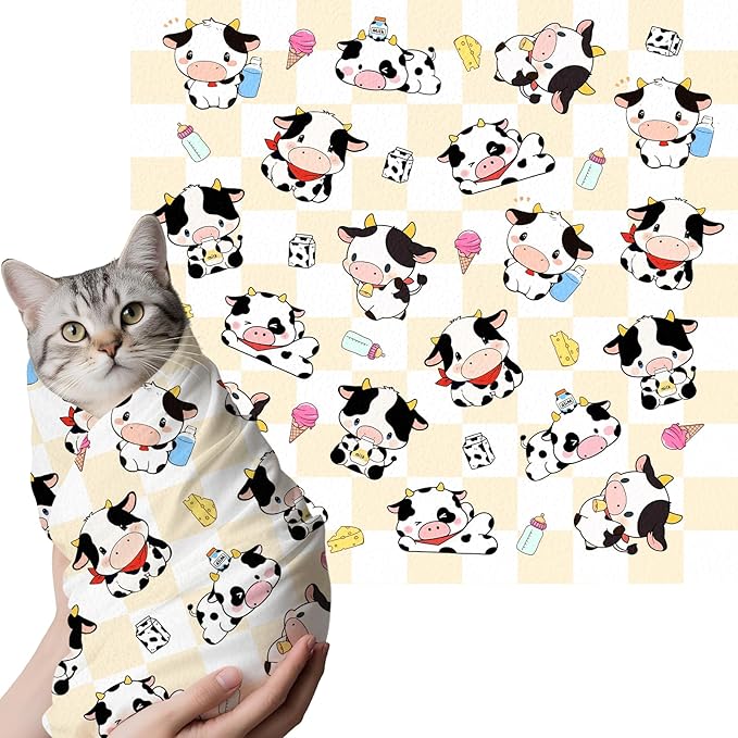 27.6" Cat Grooming Wrap, Self Adhesive Cat Wrap for Cutting Nails, Anti-Escape Calming Cat Swaddle Wrap for Medicine Ear Cleaning, Cow Anti-Scratch Cats Burrito Restraint Blanket, Pet Tool (6-10 lbs)