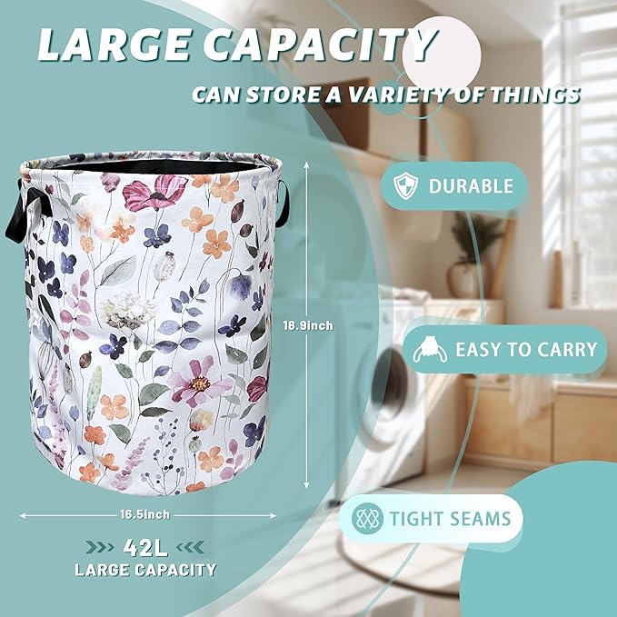 Watercolor Floral Laundry Basket Foldable With Handles Tote Bag Oxford Cloth Cute Flowers Laundry Hamper Clothes Storage Bucket Toy Organizer 18.9" x 16.5" For Bathroom/Laundry/Bedroom