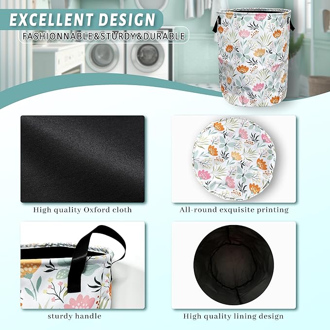 Beautiful Floral Laundry Basket Foldable With Handles Tote Bag Oxford Cloth Colorful Flowers Laundry Hamper Clothes Storage Bucket Toy Organizer 18.9" x 16.5" For Bathroom/Laundry/Bedroom