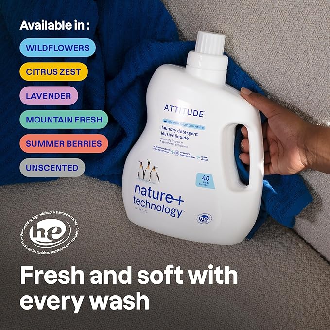 ATTITUDE Liquid Laundry Detergent, EWG Verified, HE Compatible, Plant-Based & Vegan, Natural Laundry Soap, Unscented, 40 Loads, 67.6 Fl Oz