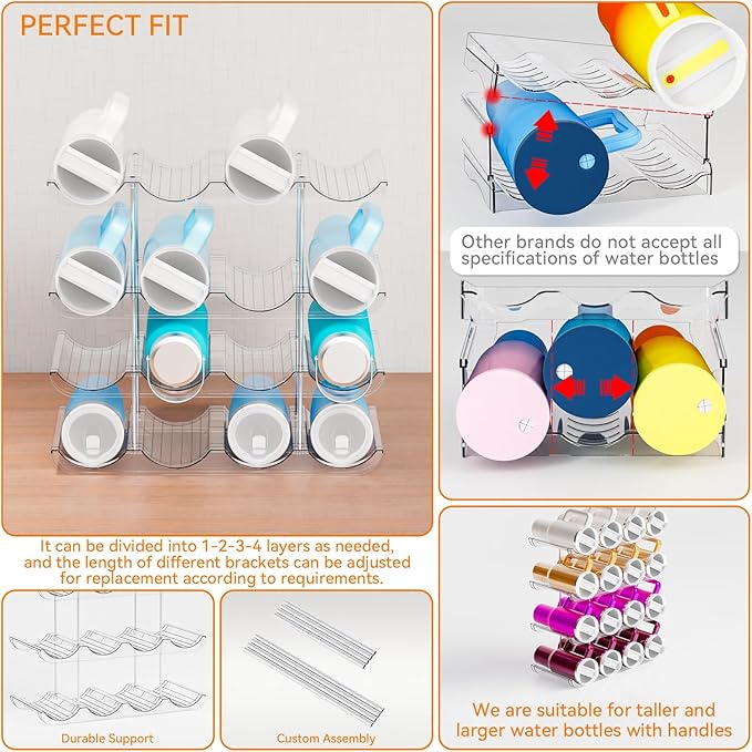 2 Tier Stackable Water Bottle Organizer for 40 oz Stanley Cup,Yeti and Other Tumbler Organizer,Larger Compartment Stanley Cup Holder,Wine Rack and Waterbottle Holder for Kitchen Cabinets,Countertop