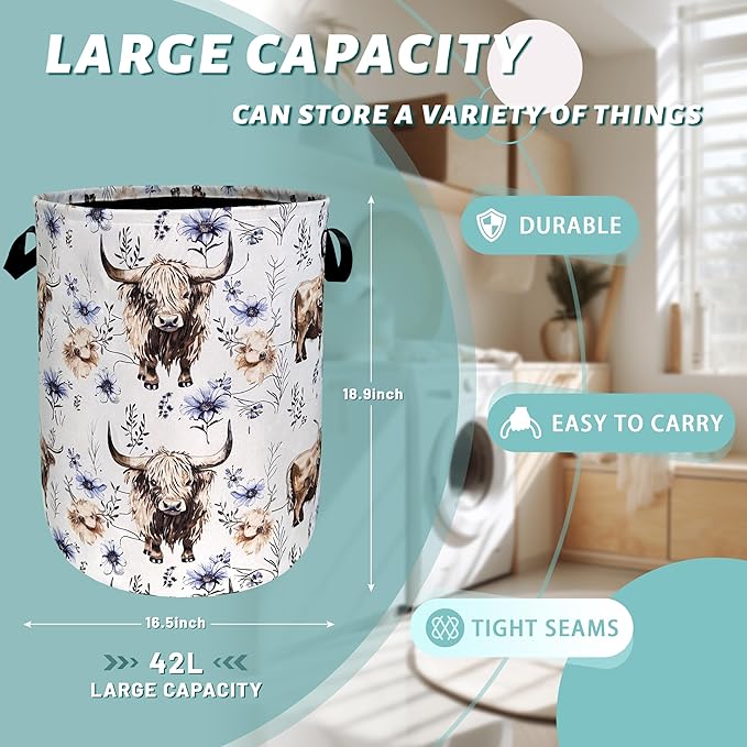Watercolor Highland Cow Laundry Hamper With Handles Foldable Oxford Cloth Purple Flower Tote Bag Cows Laundry Basket Clothes Toy Storage Bucket 18.9" x 16.5"For Bathroom/Laundry/Bedroom