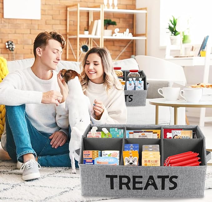 2pack Dog Storage Organizer,Dog Treat Container Bin for Countertop,Collapsible Cat Treats Container with Dividers,Dog Treats Station for Treats Stick/Canned Food/Bagged Snacks-Black