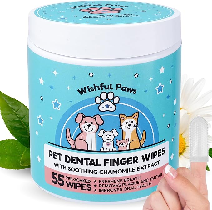 Dog Teeth Cleaning Wipes - Dog Tooth Brushing Kit - Dog Toothbrush Finger Wipes - Removes Plaque & Tartar, Dog Breath Freshener - No-Rinse Pet Dental Care for Dogs & Cats - Easy Use - 55 Count