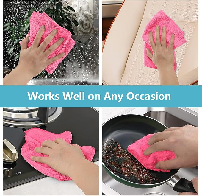 HOMEXCEL Pink Microfiber Cleaning Cloth, 8 Pack Cleaning Towels for Kitchen, Lint Free, Scratch-Free, Highly Absorbent, and Reusable Cleaning Rags for House, Window and Glass, Cars, 11.5 X11.5 inch