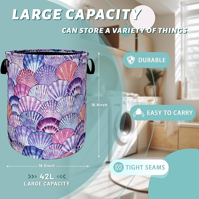 Watercolor Seashell Laundry Basket With Handles Oxford Cloth Tote Bag Colorful Laundry Hamper18.9"x16.5 "Foldable Clothe Storage Bucket Toy Organizer For Bathroom/Laundry/Bedroom