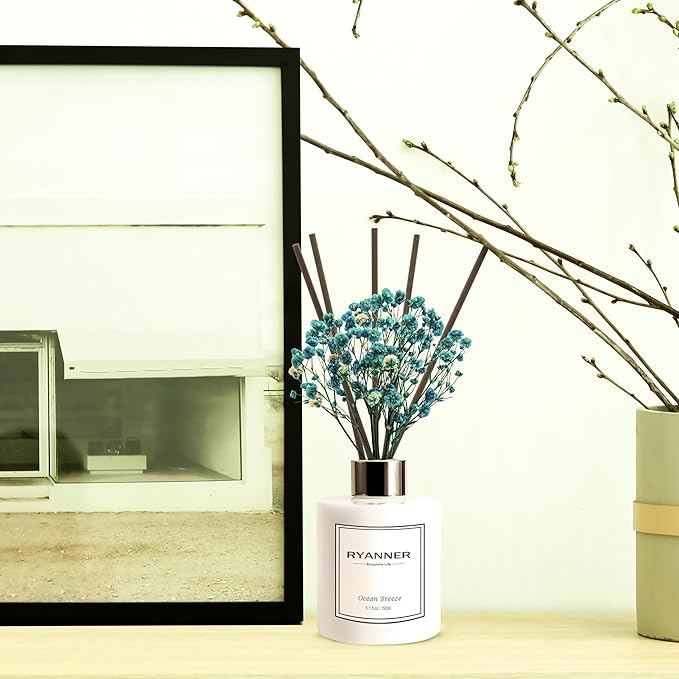 Reed Diffuser Set,5.1 fl oz Ocean Breeze Scent Diffuser with Sticks Home Fragrance Reed Diffuser with Essential Oil for Bathroom Shelf Decor&Air Freshener,Home Bathroom Office Decor & Gifts