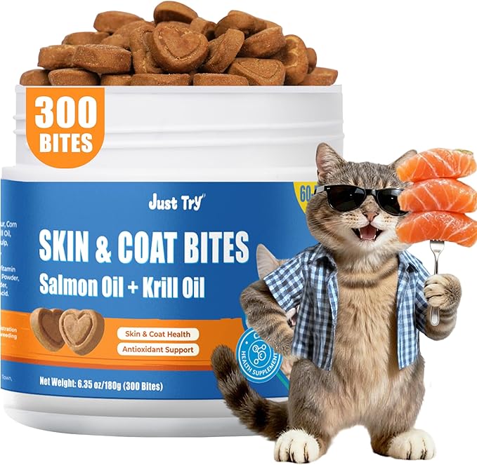 Just Try 300 Bites Skin and Coat Bites Omega 3 for Cats Salmon Oil - Supports Healthy Skin, cat Itchy Skin Relief - Health Supplements Vitamins for Indoor Cats - 6.35 oz