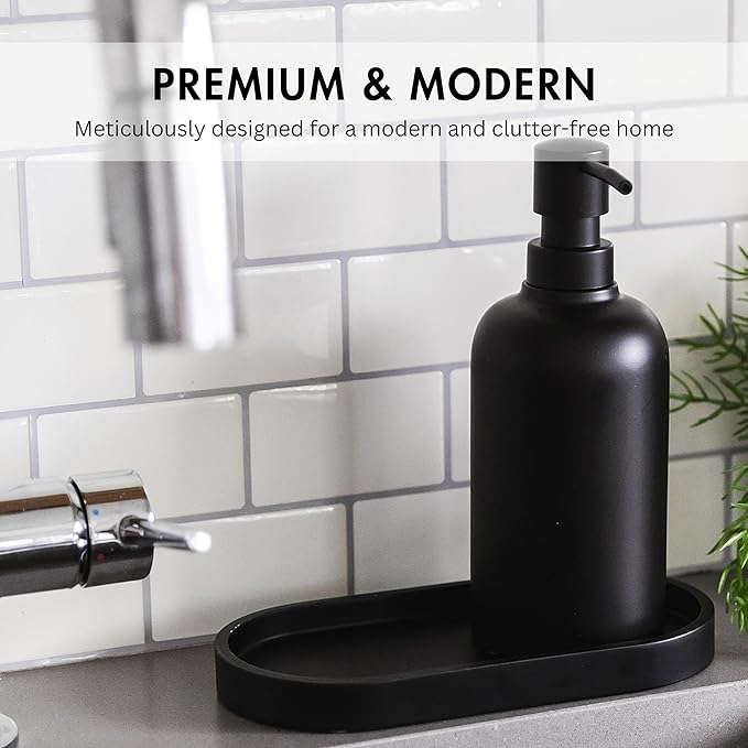 Matte Black Round Soap Dispenser Tray, 8” Soap and Lotion Bottle Tray Organizer Plate for Bathrooms, Kitchens, Countertops - Holds 2 Soap Dispensers
