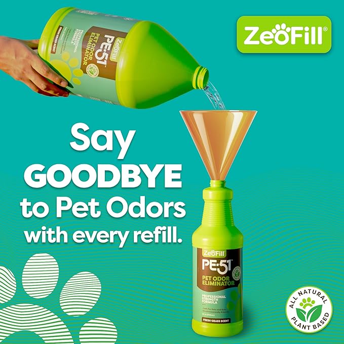 Zeofill PE-51 Pet Odor Eliminator – Urine Odor Neutralizer with Max Flow Garden Hose Spray Nozzle | Pet, Turf & Yard Smell Remover | Cat & Dog Pee Deodorizer Spray | All Natural Enzymes | 32oz Bottle