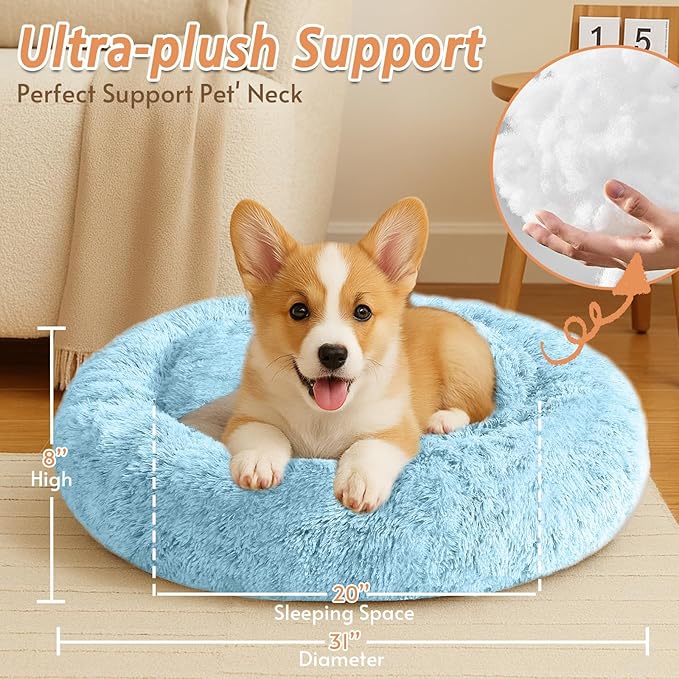 JOLLYVOGUE Small Dog & Cat Beds for Indoor Cats, Donut Cuddler Warming Soft Dog Beds with Anti-Slip Bottom, Round Calming Fluffy Plush Faux Fur Cushion Bed for Medium Dogs (31", Light Blue)