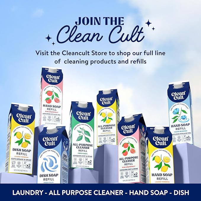 Cleancult Dish Soap Liquid Refill (32oz, 3 Pack) - Plant Based Cleaning Power - Dish Soap that Cuts Grease & Grime - Free of Harsh Chemicals - Uses 90% Less Plastic - Fresh Rain