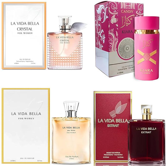 4PCS Perfume Set for Women - Floral Fragrance Gift Set with Vanilla,Sweet Fruity Eau De Parfume 3.4 Fl Oz Each(La Vida Bella,La Vida Bella Crystal,La Vida Bella Ext,Ka Candy)