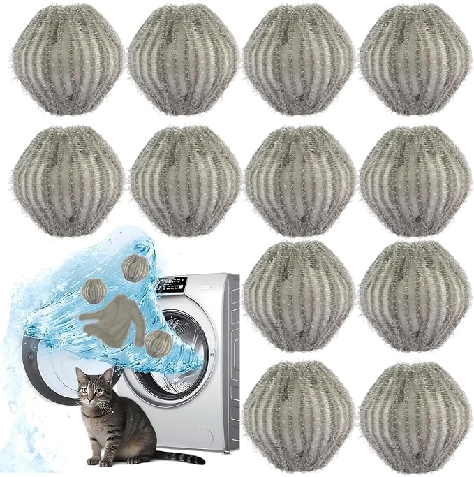 Upgrade 12 PCS Pet Hair Remover for Laundry, Reusable Dog & Cat Hair Catcher for Washer & Dryer, Removes Fur & Lint from Clothes & Bedding, Won’t Damage Fabrics (Gray)