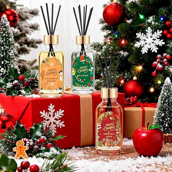 Reed Diffuser of 3 Pack, Fir & Cedar Gingerbread Delight Christmas Apple Oil Diffuser Set with 15 Sticks, Bathroom Air Freshener, Aromatherapy Reed Diffusers for Home, Office, Gift, Total 5.1 Fl. Oz