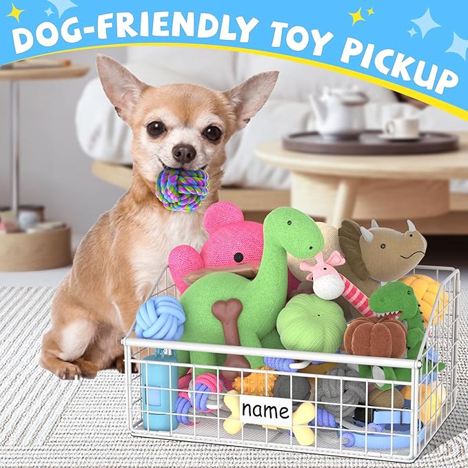Indestructible Dog Toy basket, Small Toy Box for Dogs, Pet Toy Bin Dog Metal Basket for Toys, Dog Toy Storage, Dog Storage Organizer, Cat Dog Toy Box for Living Room Area (White)