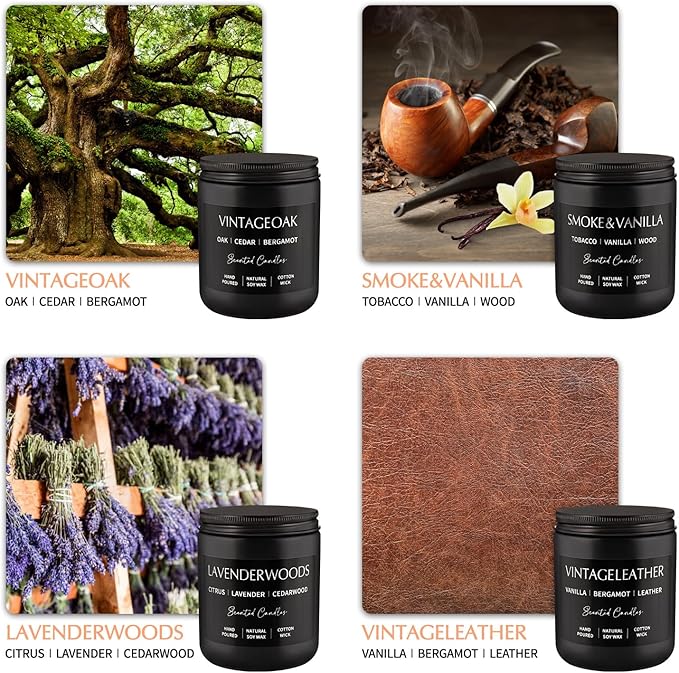 4Psc Scented Candles Set,7oz Gifts for Men Aromatherapy,Soy Candle of Smokeless - Leather & Smoke, Vanilla Oakmoss, Lavender - Relaxing Fragrance for Home, Office, Yoga(Black)