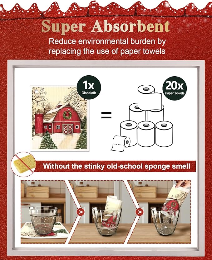 6 Pack Christmas Swedish Dishcloths for Kitchen - Reusable Dish Cloths for Washing Dishes Absorbent Cute Holiday Kitchen Towels Cleaning Sponge, Xmas Theme