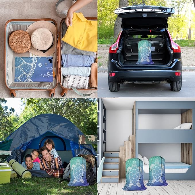 Swono Sea Turtle Laundry Bags for Travel, Home, Camping and Gym Water Bubble Seaweed Sea Life Laundry Hamper Basket 28" x 40", Football Grid Oxford Cloth