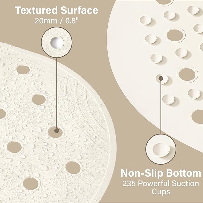 Rubber Bathtub Mat Shower Mat Non-Slip, 39x16 Inch, Bath Tub Floor Mat with Suction Cups and Drainage Holes, Ivory White