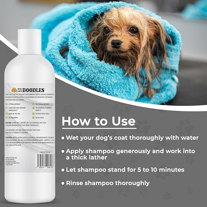 We Love Doodles Hypoallergenic Dog Shampoo, Conditioner & Detangler and Pet Bath Brush - Organic Ingredients, Sensitive Skin & Allergies, Made in USA, Grooming Brush for Shower Scrubbing & Soothing