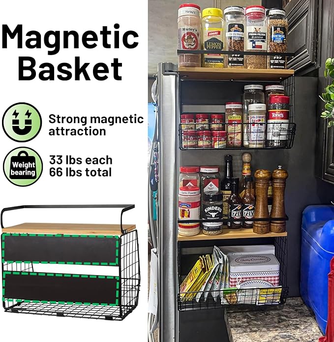 2 Set Magnetic Shelf for Refrigerator with Wood Lid, Fruit Potato & Onion Storage Bins, Pantry Organizers & Storage, Large Container Magnetic Spice Rack for Refrigerator, Kitchen Counter, Cabinet
