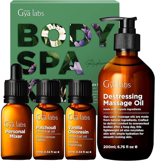 Gya Labs Home Spa Body Essential Oil Set - Natural Scents of Vanilla, Patchouli & DeStressing Massage Oil for Women (Set of 4) - Supercharge Your Skin & Body with Relaxation