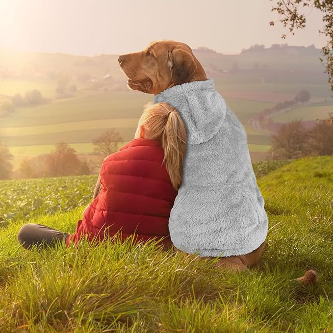 4XL Dog Sweaters for Large Dogs,Dog Hoodie,Warm Fuzzy Fleece Sweatshirt with Hood & Pocket,Leash Hole,Cozy Cold Weather Pet Clothes Sweater Hoodie for Large Dogs(Grey,4XL)