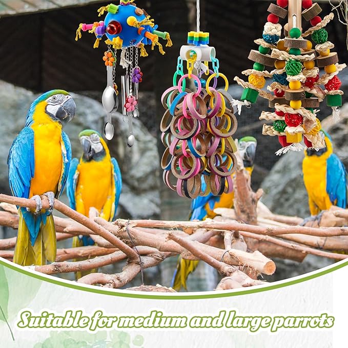 3 Pcs Extra Large Bird Parrot Toy Multicolored Natural Wooden Parrot Cage Chewing Toys for Large Medium Macaws Cockatoos African Grey Birds(Ring and Ball)