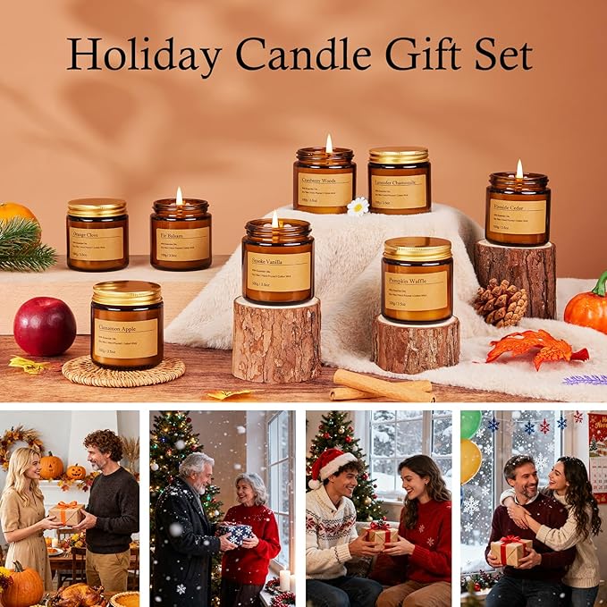 Holiday Candle Gift Set – 8 Pack Vintage Amber Glass Jar Candles,Winter Scents for Home,Christmas Gift for Women, Aromatherapy Soy Wax Candles,Cozy Home Décor,Premium Box