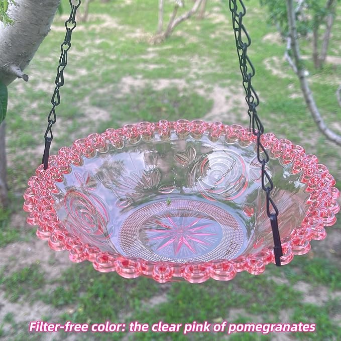 2 Pack Hanging Bird Baths Bowl Outdoor 15.8 Inch Metal Chains, Weather-Resistant Hanging Bird Feeder & Bath Tray for Garden Patio (Plastic, Blue & Pink)