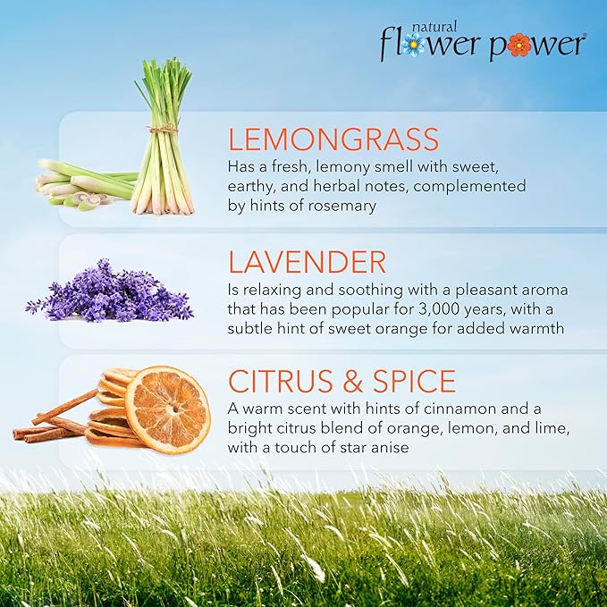 Natural Flower Power Air Freshener Spray Refills - Odor Eliminator w/Essential Oils - Home, Car & Fabric - Cruelty Free & Vegan - Variety Pack - Citrus & Spice, Lavender, Lemongrass - 3 x 16 fl oz