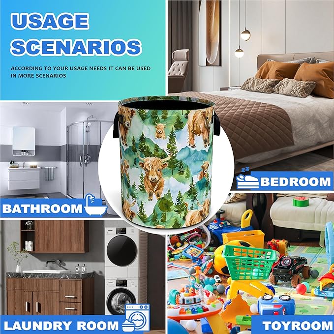 Highland Cattle Laundry Basket Grassland Oxford Cloth Laundry Hamper With Handle Foldable Portable Clothes Storage Basket 18.9 X 16.5 In Storage Bag For Laundry Room/Bathroom/Bedroom/Dormitories