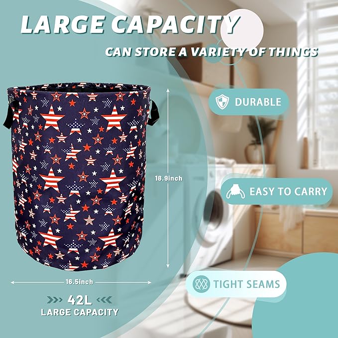 American Flag Laundry Basket Foldable With Handles US Flag With Stars Tote Bag Oxford Cloth Laundry Hamper Clothes Storage Bucket Toy Organizer 18.9"x16.5" For Bathroom/Laundry/Bedroom