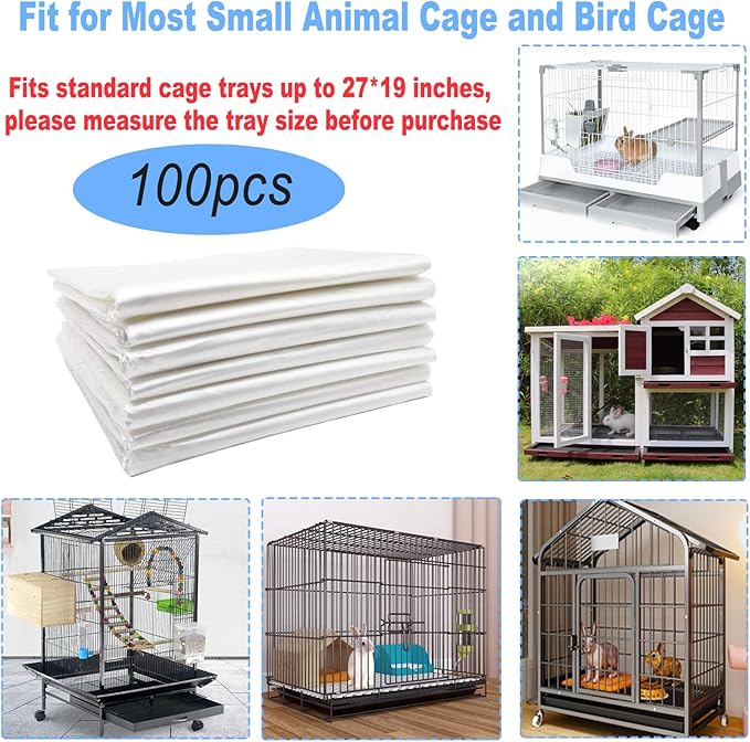 100 Pcs Disposable Rabbit Cage Liner, 27'' X 19'' Bunny Cage Tray Liners Clear Plastic Guinea Pig Toilet Film for Bunnies Ferrets Chinchillas Birds Small Animal - Leak Proof & No Mess