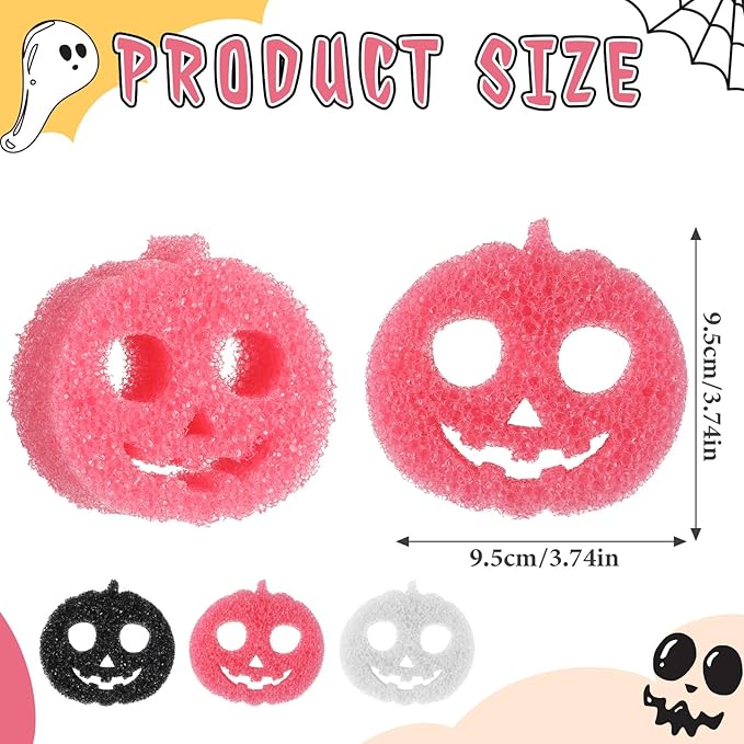 3 Pcs Dual Sided Scrub Sponge Multi Functional Cute Temperature Sensitive Non Scratch Dish Sponge for Washing Dishes Kitchen Bathroom(Halloween Pumpkin,Pink, Black, White)