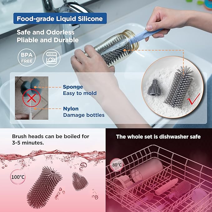 YOTIME Travel Bottle Brush Set, 6 in 1 Bottle Cleaning Kit with Silicone Bottle Brush, Nipple Cleaner Brush, Straw Brush, Soap Dispenser, Bottle Drying Rack and Storage Box, Blue