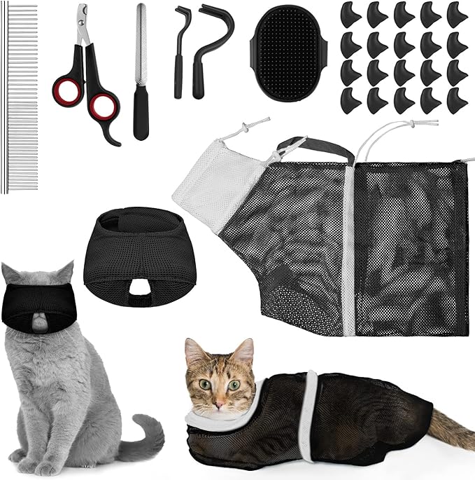 9 Pcs Cat Bathing Bag Set Cat Shower Bag Anti Bite and Scratch for Pet Grooming Washing Brush Comb Muzzle Nail Clipper Nail File Tick Tool(Black)