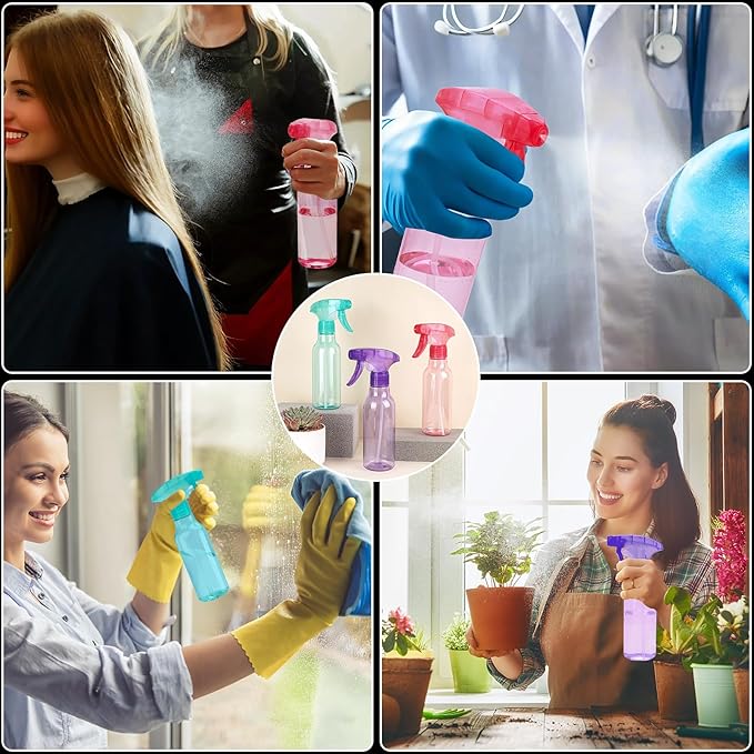 Cosywell 3 Pack Plastic Spray Bottles 8.8oz/260ml Empty Spray Bottle for Cleaning Mist/Stream Heavy Duty Water Spraying Bottle for Cooking Solutions Essential Oils Hair Care(Green Pink Purple)