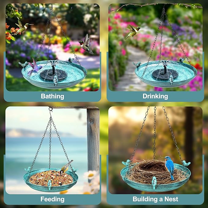 14.96" Hanging Bird Bath with Solar Fountain, Metal Birdbath with 3 Cast Iron Birds & 4 Spray Nozzles, Solar Powered Water Feature for Outdoors, Garden, Patio, Gift for Bird Lovers