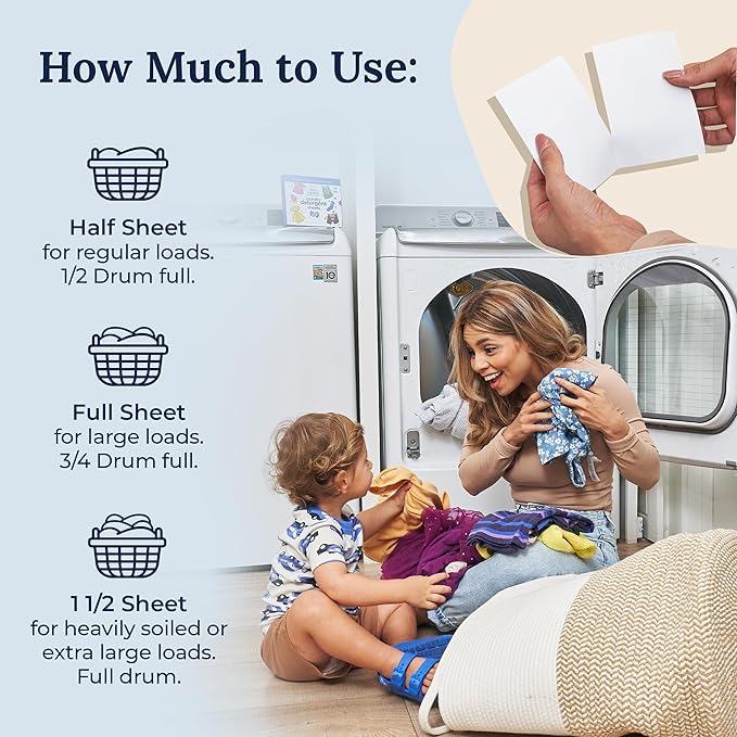 Miss Mouth's Messy Eater Laundry Detergent Sheets - 60 Loads Travel Friendly Detergent Sheets - Hypoallergenic, Sensitive Skin Safe, Pediatrician and Dermatologist Tested, Fragrance Free