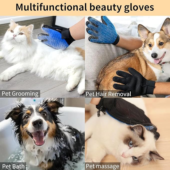 1 Pair [2-in-1] Pet Hair Removal Gloves - Five Finger Massage Design Pet Beauty Gloves, Suitable for pet dogs and cats to prevent hair tanglings(Dark blue)