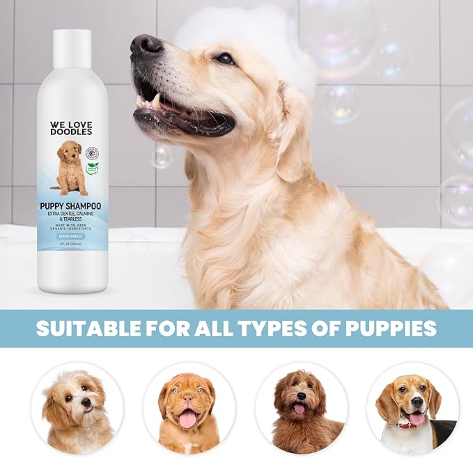 We Love Doodles Puppy Shampoo & Conditioner and Dog Slicker Brush | Organic Ingredients | Tear Free | Sensitive & Itchy Skin Wash | Brush for Grooming Pet Hair | Pin Brush for Dematting | Made in USA