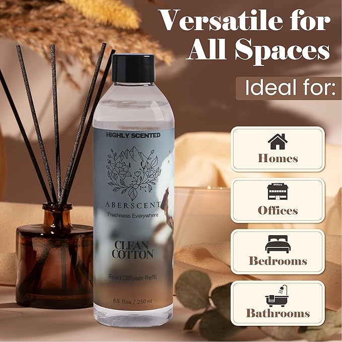 Clean Cotton Aberscent Premium Reed Diffuser Oil Refill (8.5 Fl Oz/250ml) – Long-Lasting Fragrance Oil for Home, Office & Spa – Relaxing Scent, Luxury Hotel-Style Aroma