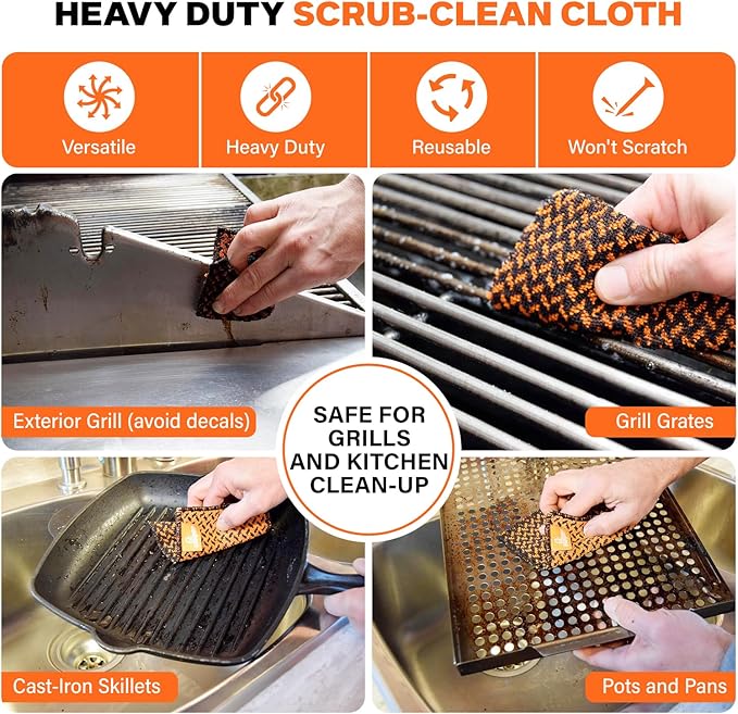 Q-Swiper Scrub-Clean Reusable Grill Cleaning Cloth - 2 Pack | Large Non-Scratch Cloth with Micro-Coated Fibers | Heavy-Duty for BBQ | Cleaner for Pots, Cast Iron Skillets, Grill Basket & Accessories