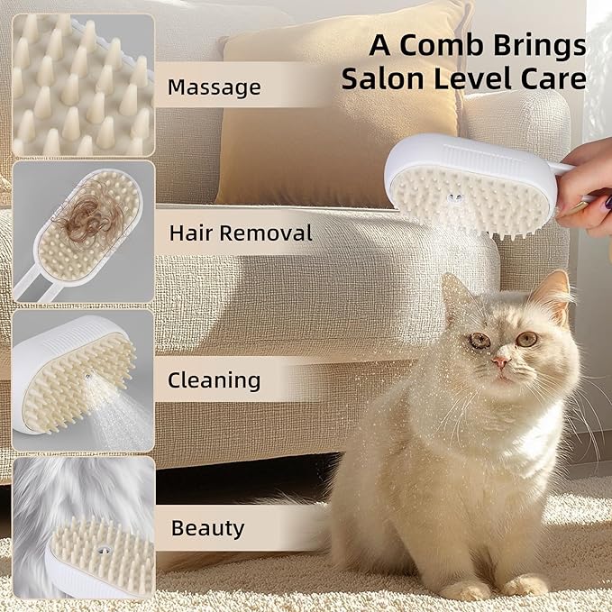 Cat Dog Hair Steam Brush: 4 in 1 Pet Grooming Tool Rechargeable Groomer Silicone Comb for Massage, Cleaning, Shedding and Combing, Anti-Static, 360° Portable Handle for Long or Short Hair Pet (White)