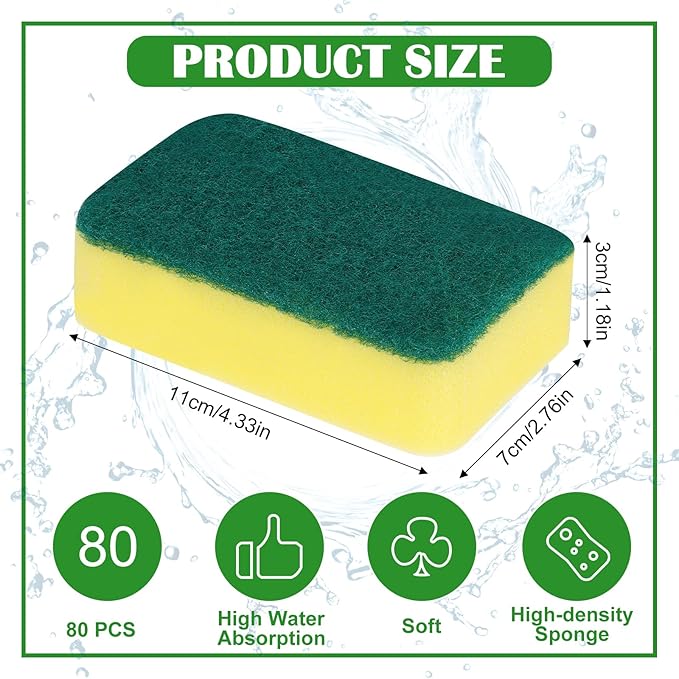 80 Pack Sponges Kitchen Cleaning Sponges Supplies Dish Sponge Cleaning Scrubber Scrub Scouring Pad Washing Dishes Brush Scrubbers Pads Bulk for Kitchen Home Bathroom Dishwashing Pots Pans (80)