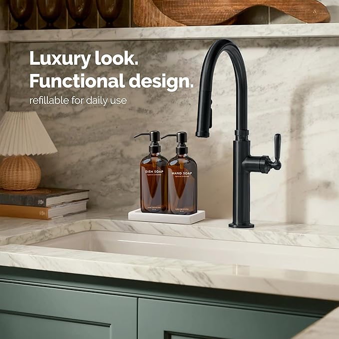 Vine Creations Amber Glass Soap Dispenser Set, Kitchen Soap Dispenser Set with Ceramic Tray, 16 oz Dish Soap and Hand Soap Dispensers with Stainless Steel Pump Decor (Amber Bottle/Matte Black)