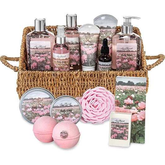 Bath Spa Gift Sets - Luxury Basket With Rose Oil & Peony - Spa Kit Includes Wash, Bubble Bath, Lotion, Bath Salts, Body Scrub, Body Spray, Shower Puff, Bathbombs, Soap and Towel
