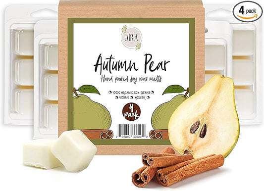 Aira Fall Wax Melt - Organic, Vegan, Kosher, Scented Soy Wax Cubes w/Essential Oil Blends - No Chemical 100% Soy Wax Melts for Electric/Tealight Melters - Hand-Poured Soy Tarts - Autumn Pear - 4 Pack